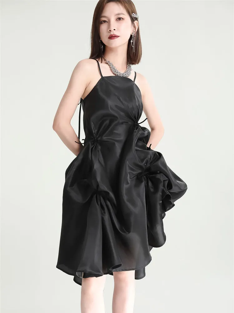 Amida Pillowy Spaghetti Strap Dress - Black