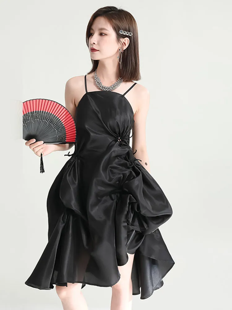 Amida Pillowy Spaghetti Strap Dress - Black