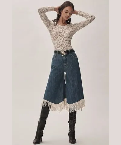 Anthropologie High-Rise Wide-Leg Fringe Culotte Jeans