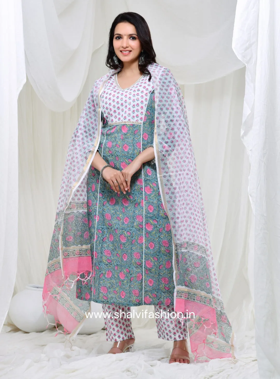 Bahar Collection : Hand Block Print Cotton Suit Set with Kota Doria Dupatta (CSS128KD)