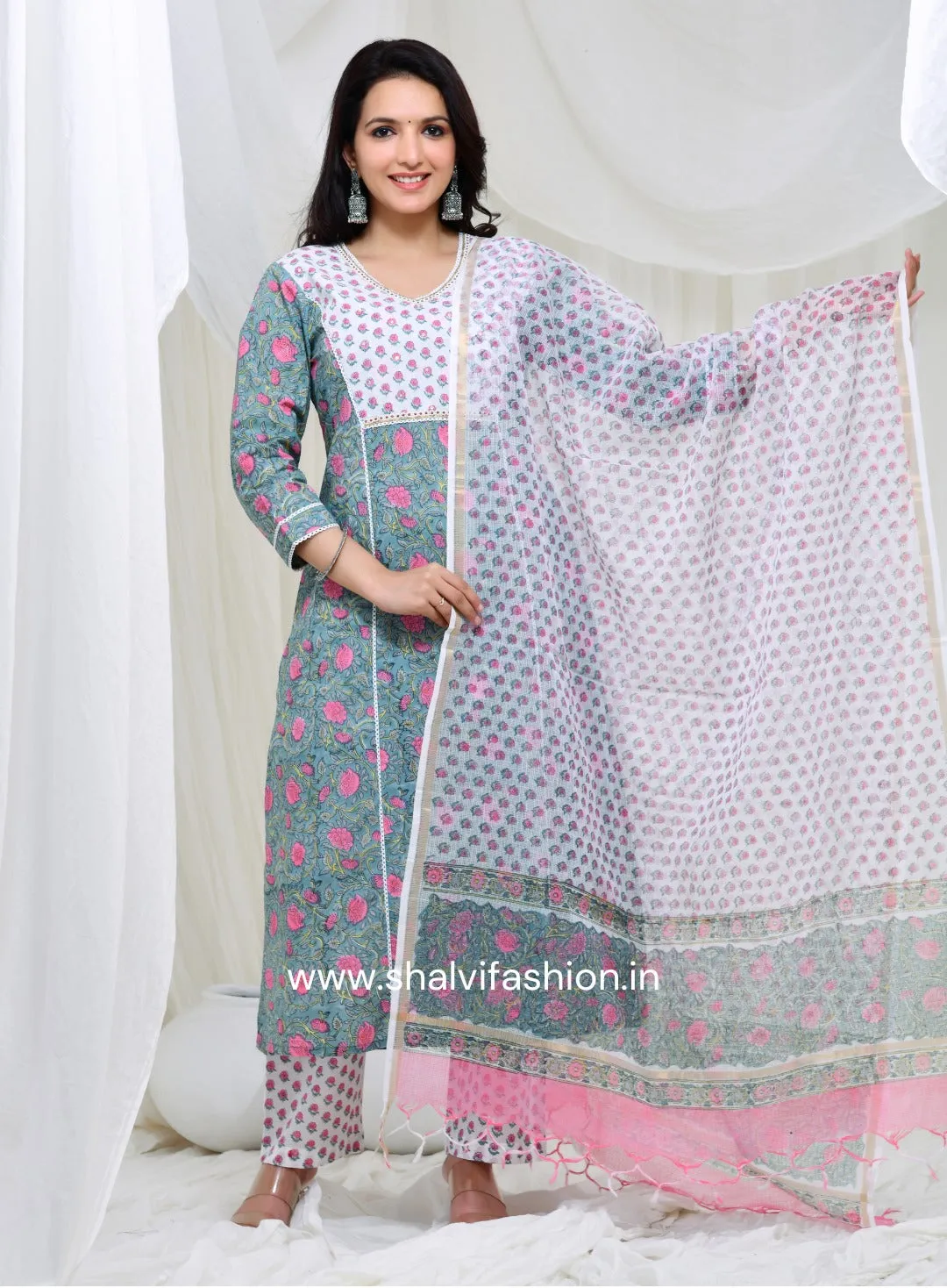 Bahar Collection : Hand Block Print Cotton Suit Set with Kota Doria Dupatta (CSS128KD)