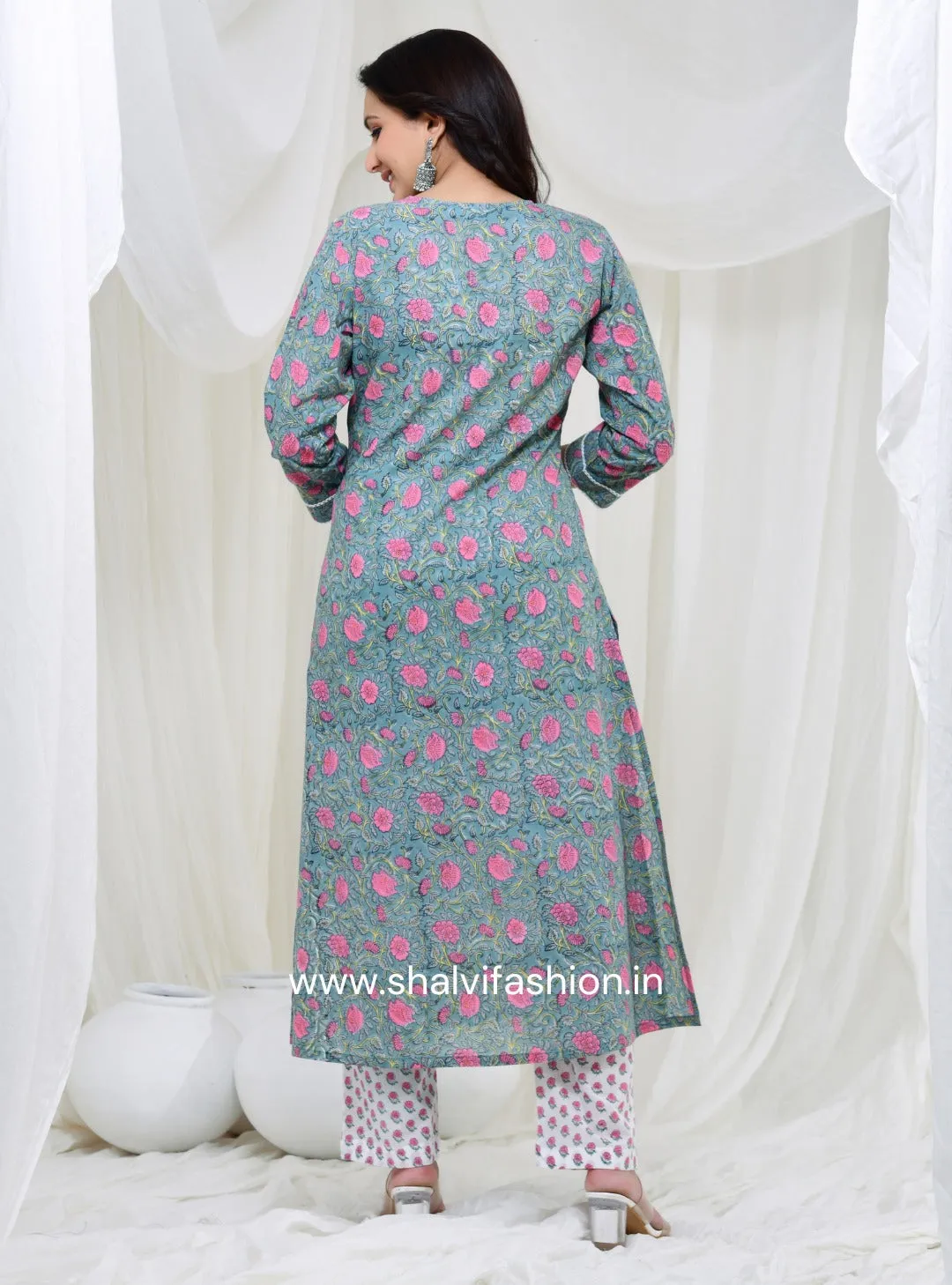 Bahar Collection : Hand Block Print Cotton Suit Set with Kota Doria Dupatta (CSS128KD)