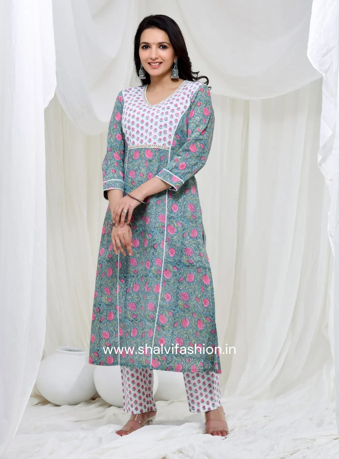 Bahar Collection : Hand Block Print Cotton Suit Set with Kota Doria Dupatta (CSS128KD)