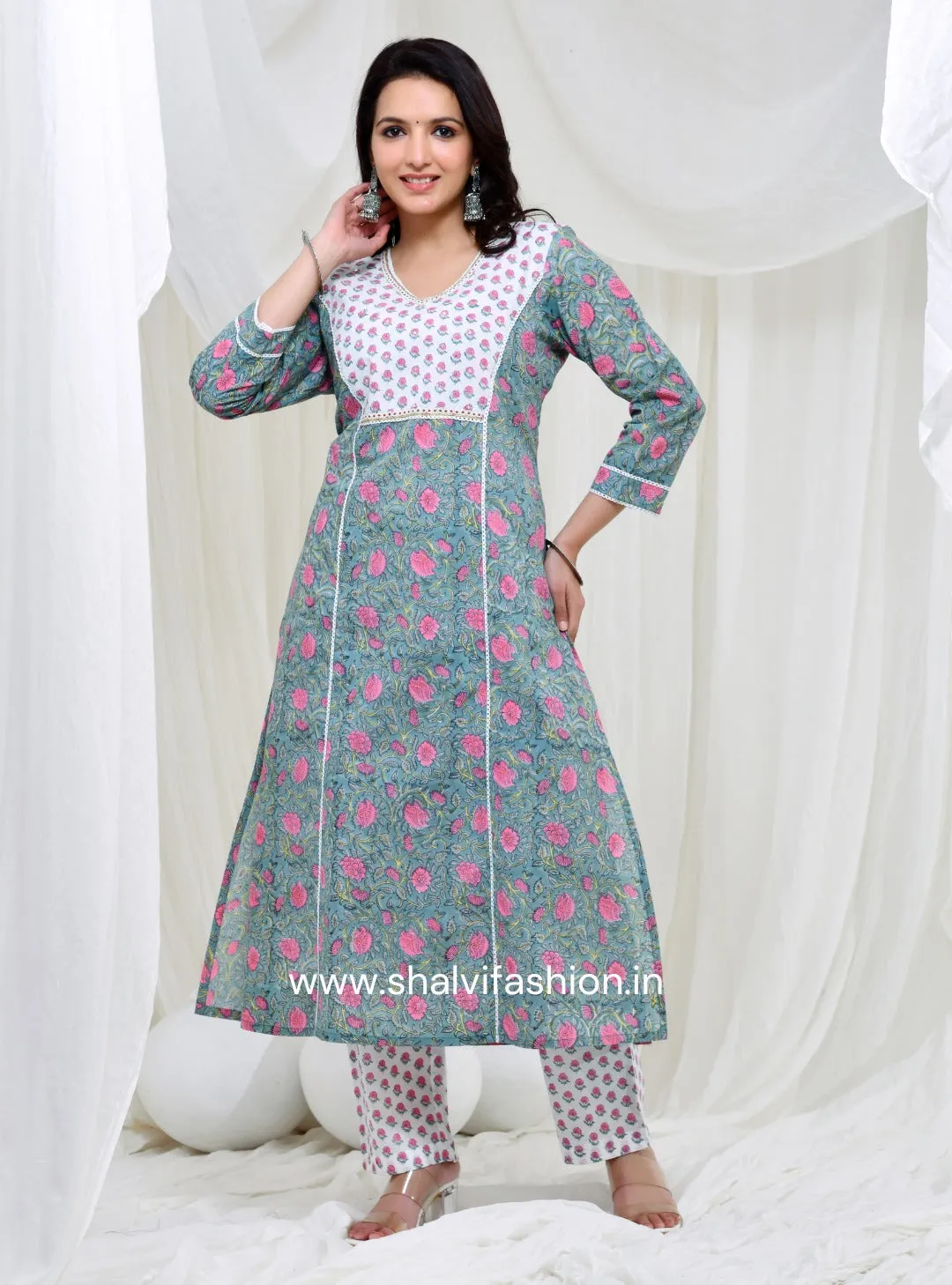 Bahar Collection : Hand Block Print Cotton Suit Set with Kota Doria Dupatta (CSS128KD)