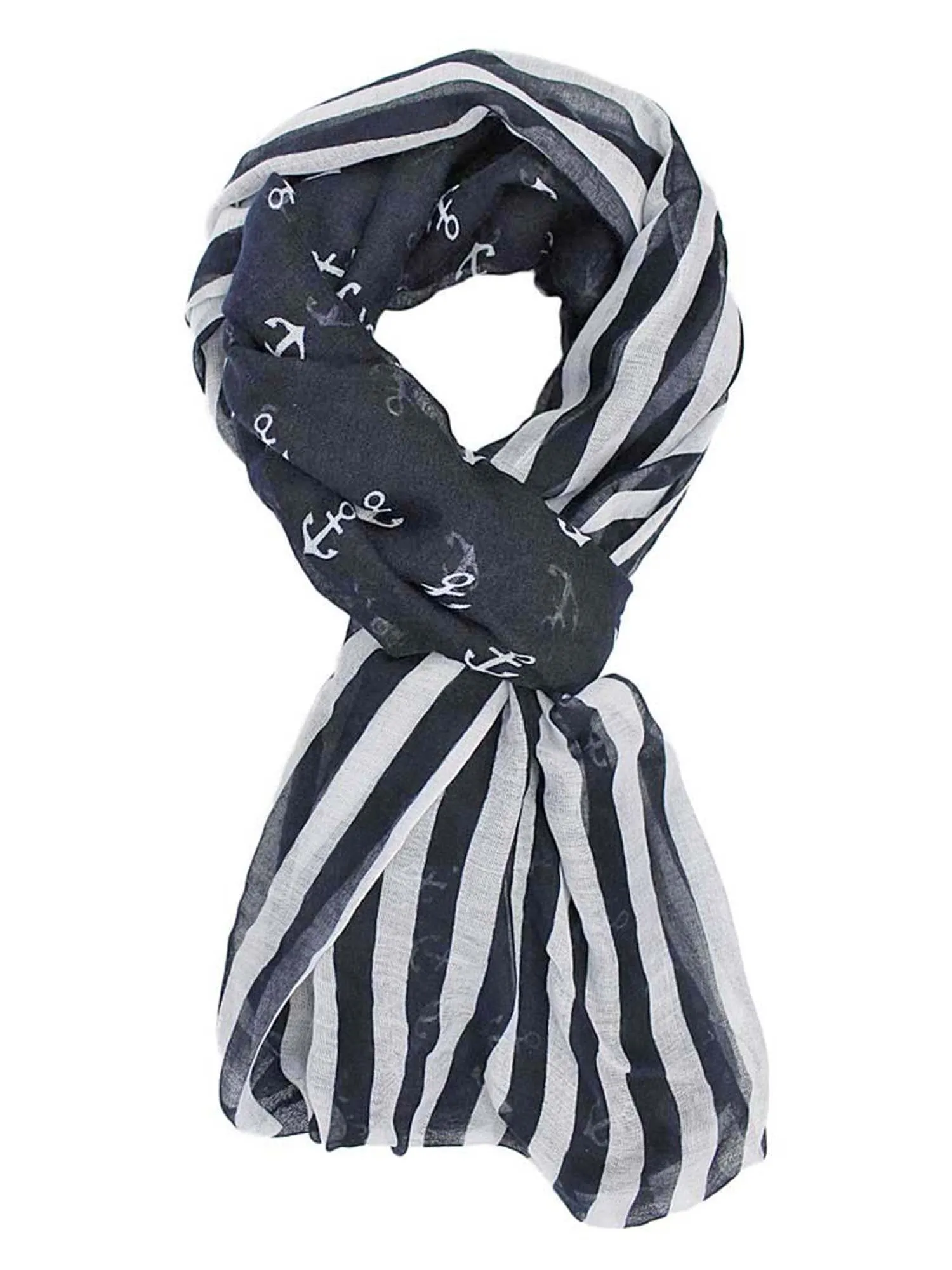 Black & Gray Striped Anchor Print Lightweight Circle Scarf