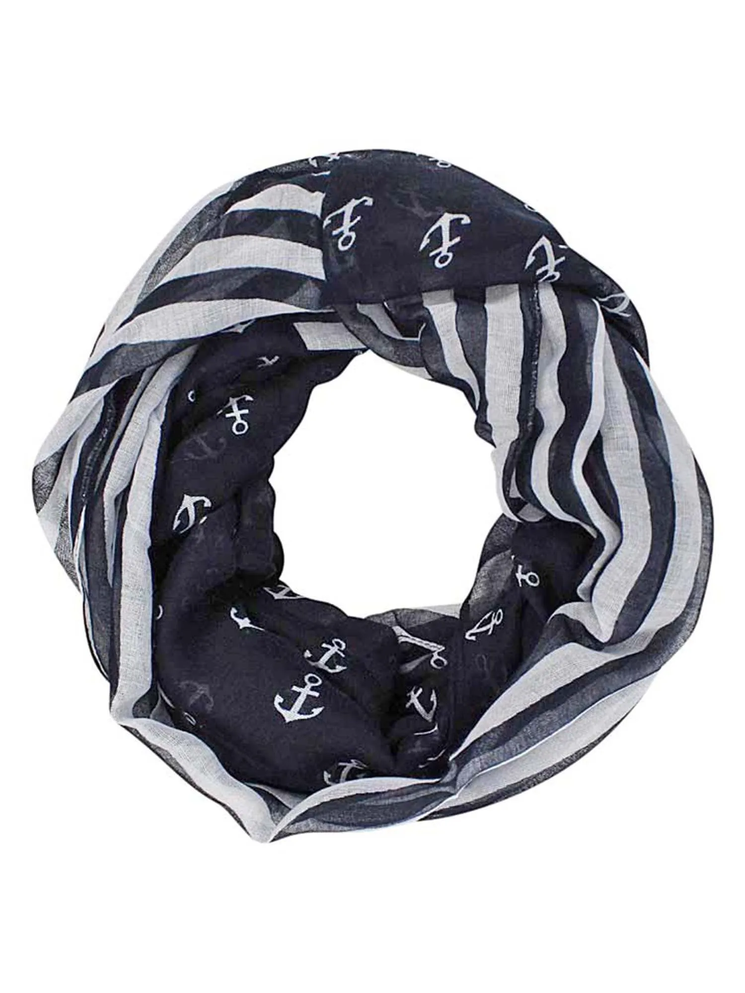 Black & Gray Striped Anchor Print Lightweight Circle Scarf