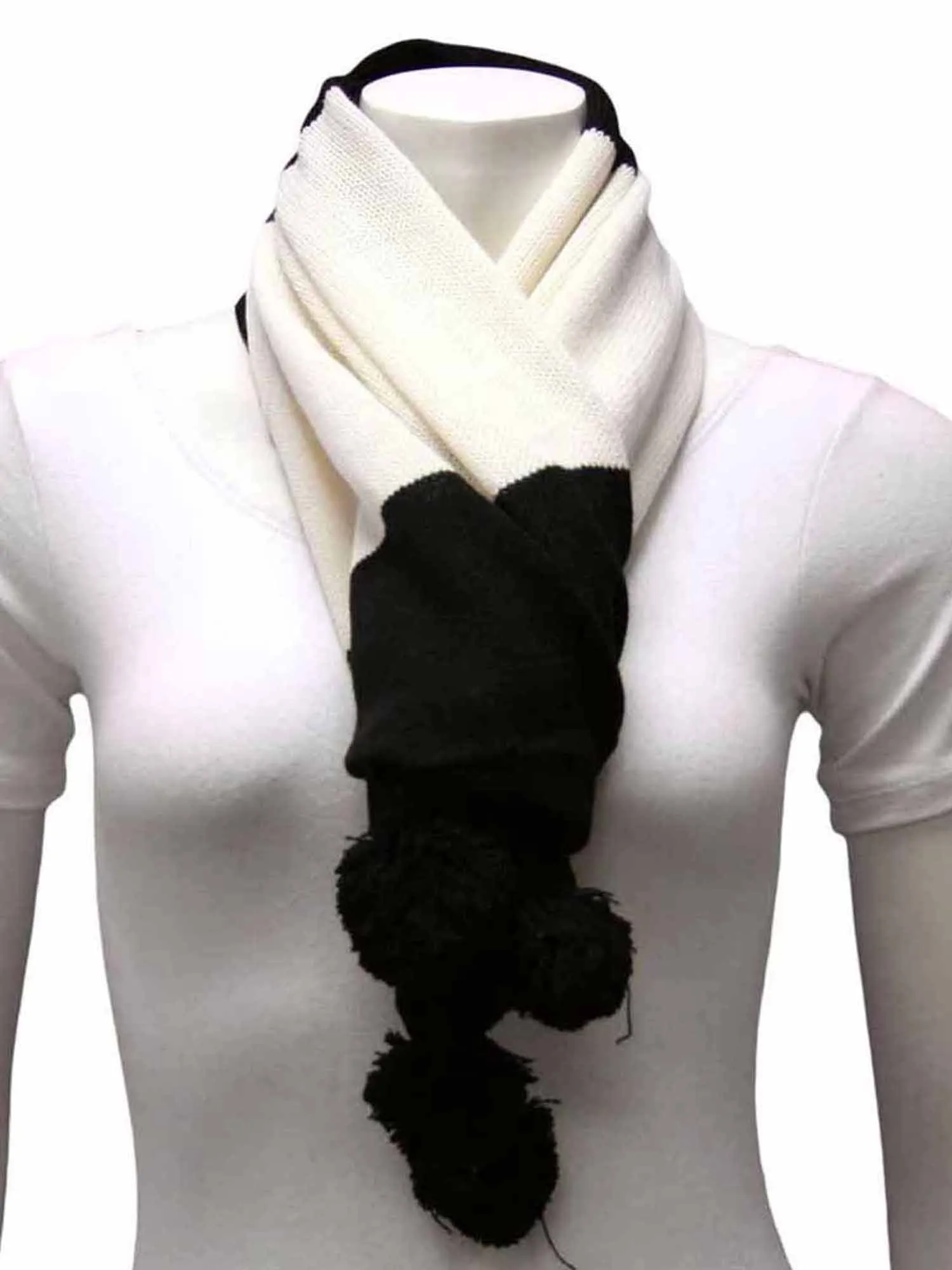 Black & White Bold Color Block Scarf With Pom Poms