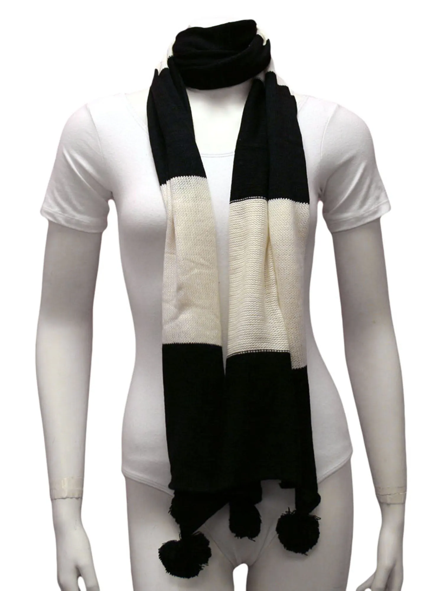 Black & White Bold Color Block Scarf With Pom Poms