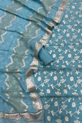 Blue Banarasi Cotton Three Piece Unstitched Suit Set With Georgette Hand Painted Dupatta