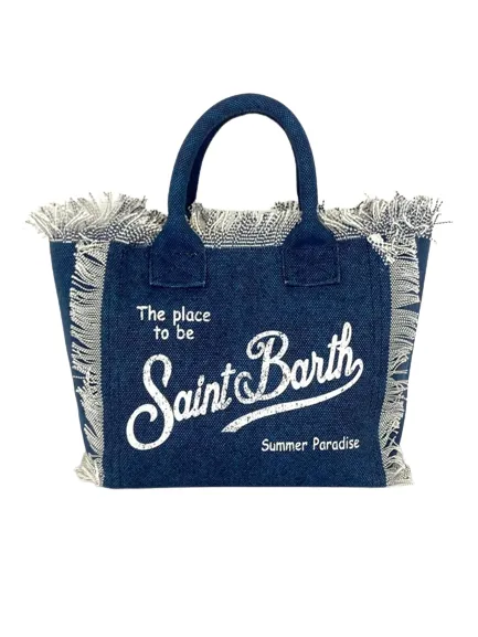 BORSA IN CANVAS EFFETTO JEANS CON LOGO BIANCO