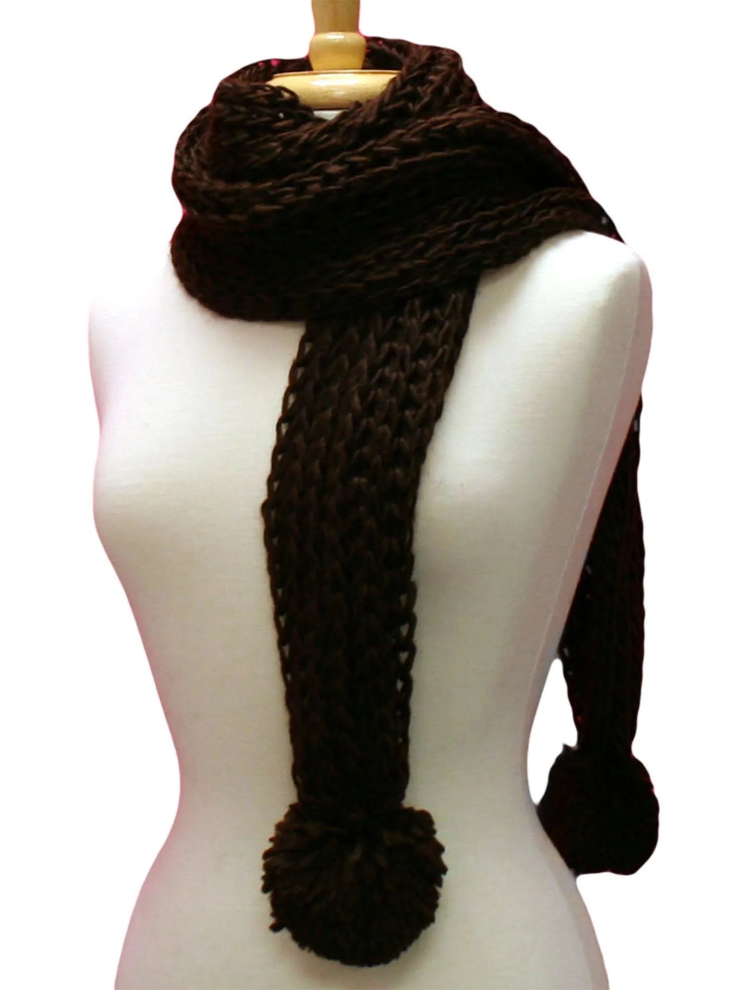 Brown Chunky Knit Pom-Pom Winter Scarf