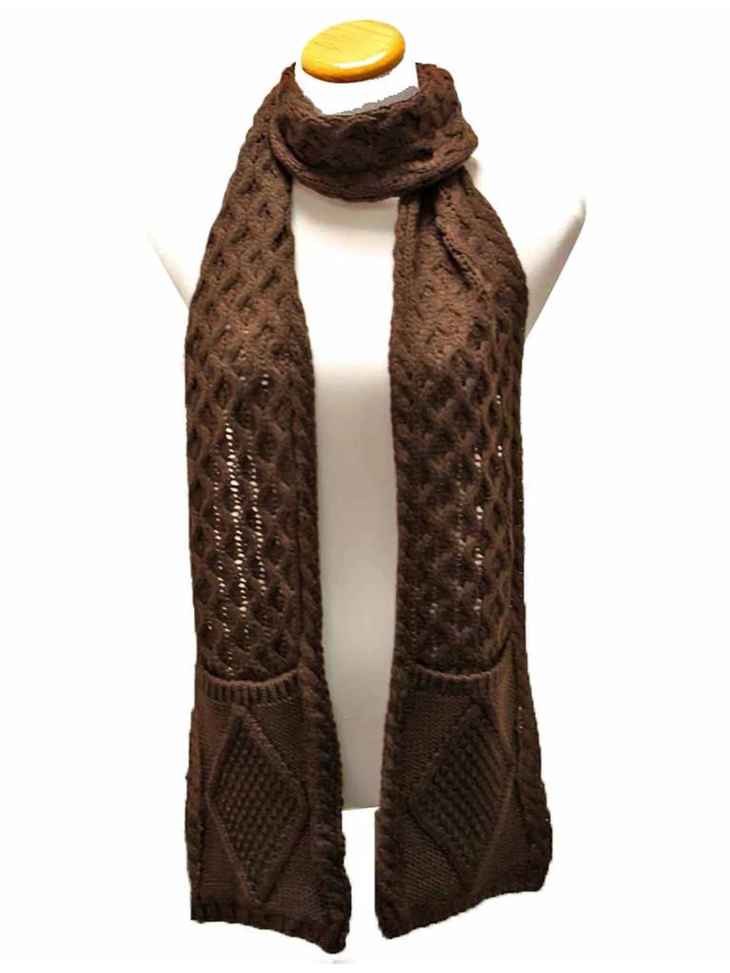 Brown Classic Knit Unisex Winter Scarf With Pockets