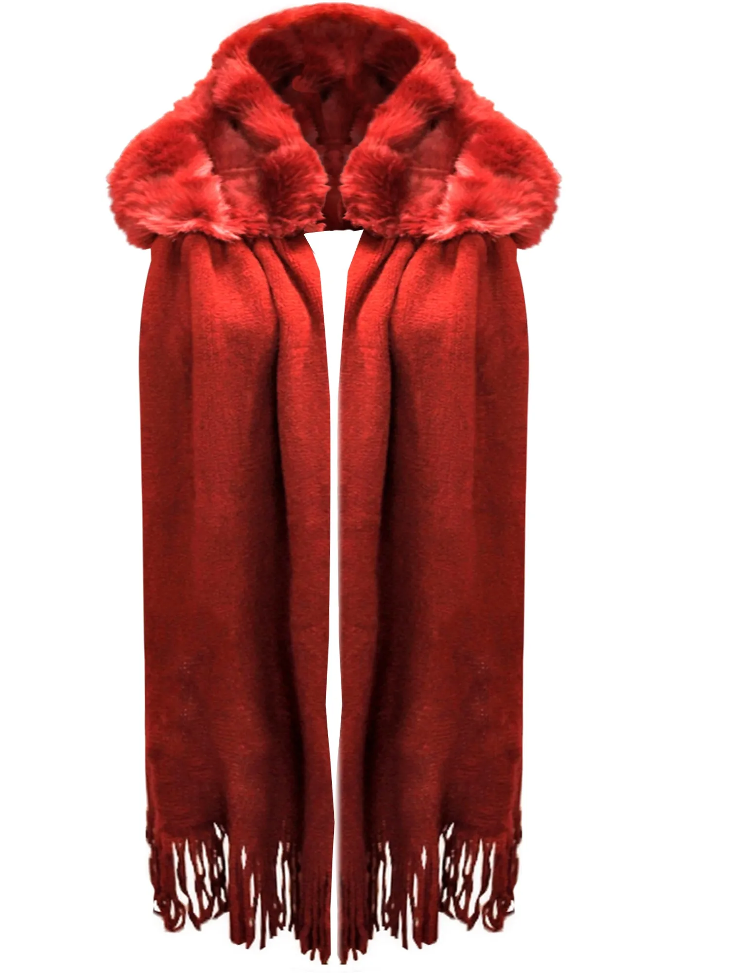 Burgundy Red Faux Fur Long Winter Scarf With Fringe