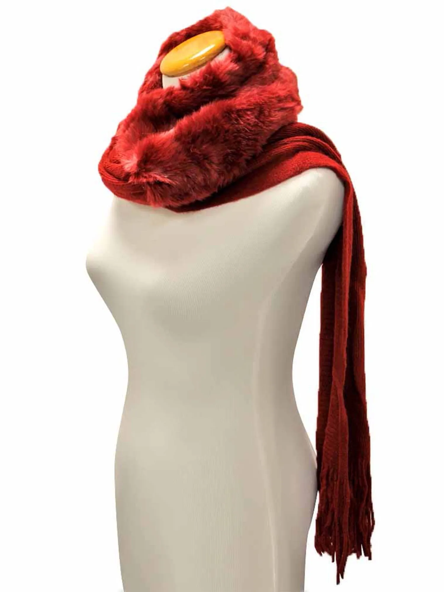 Burgundy Red Faux Fur Long Winter Scarf With Fringe