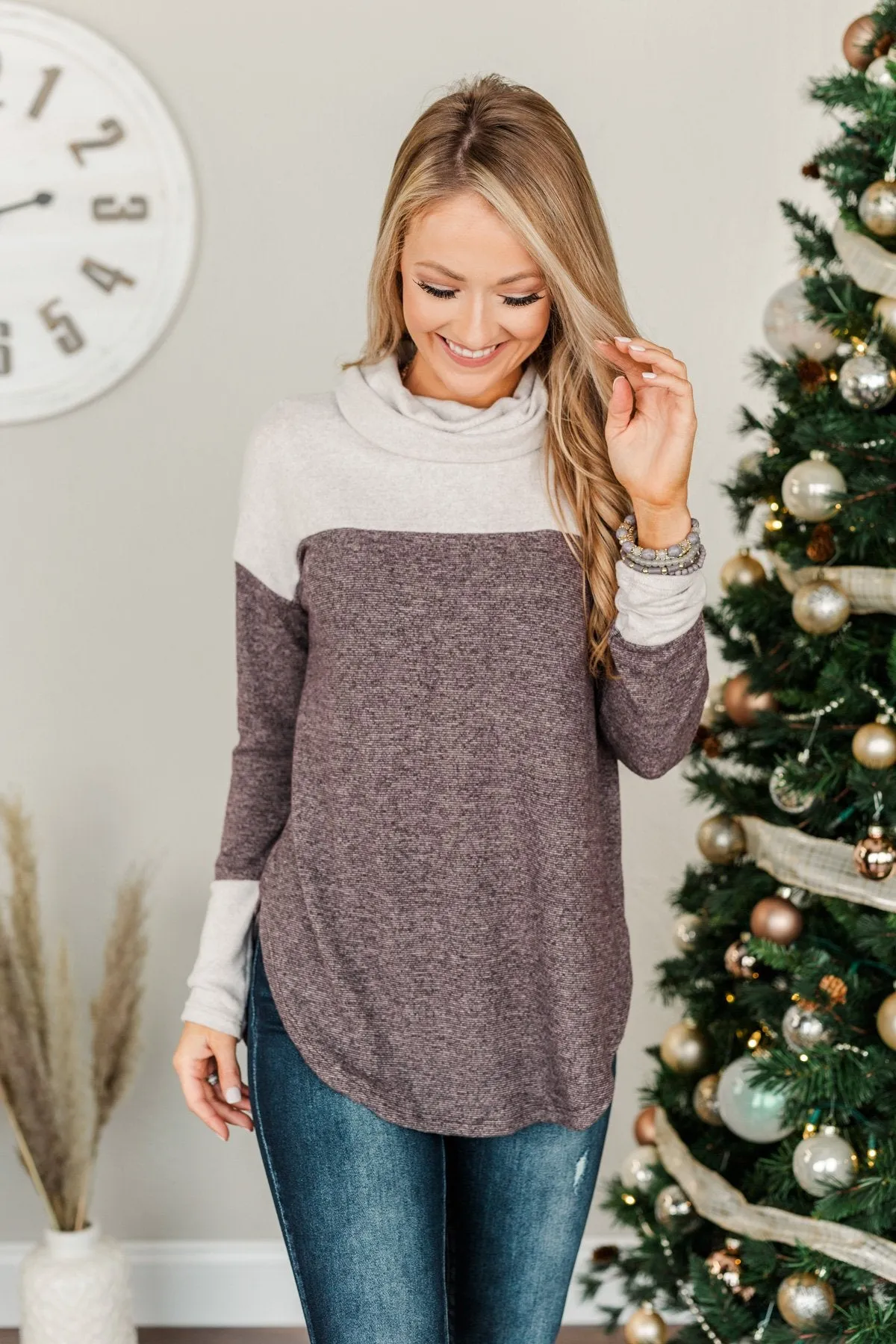 Carefree Cutie Cowl Neck Top- Heather Grey & Plum