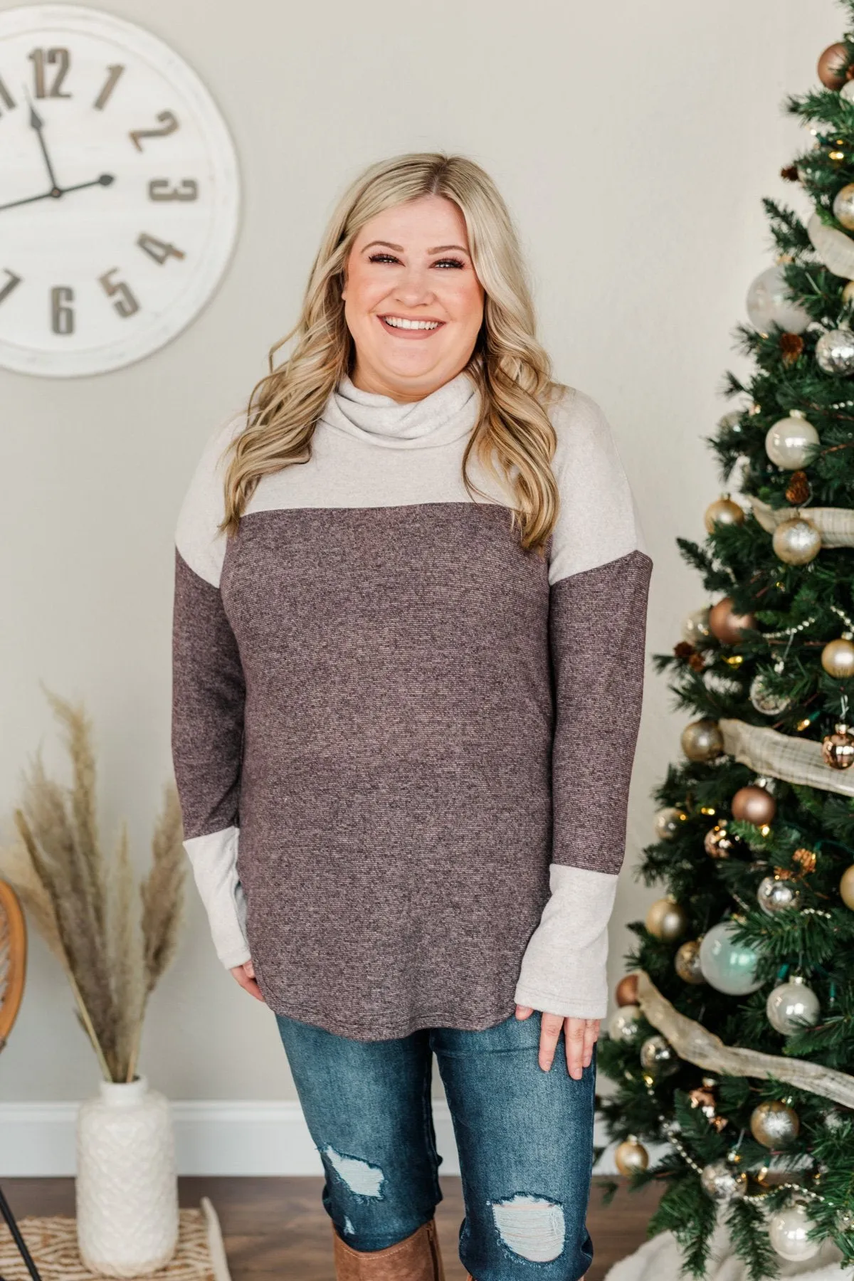 Carefree Cutie Cowl Neck Top- Heather Grey & Plum