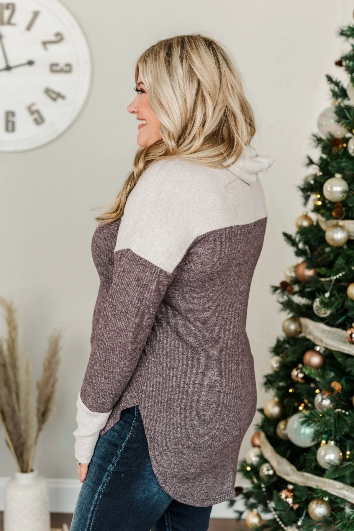 Carefree Cutie Cowl Neck Top- Heather Grey & Plum