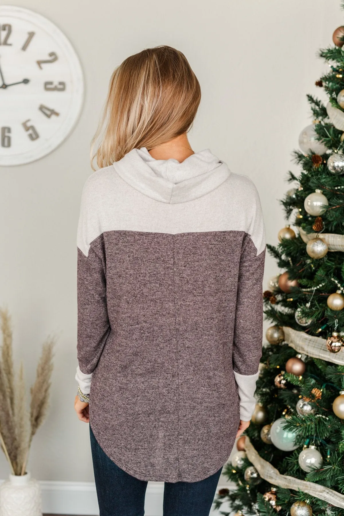 Carefree Cutie Cowl Neck Top- Heather Grey & Plum