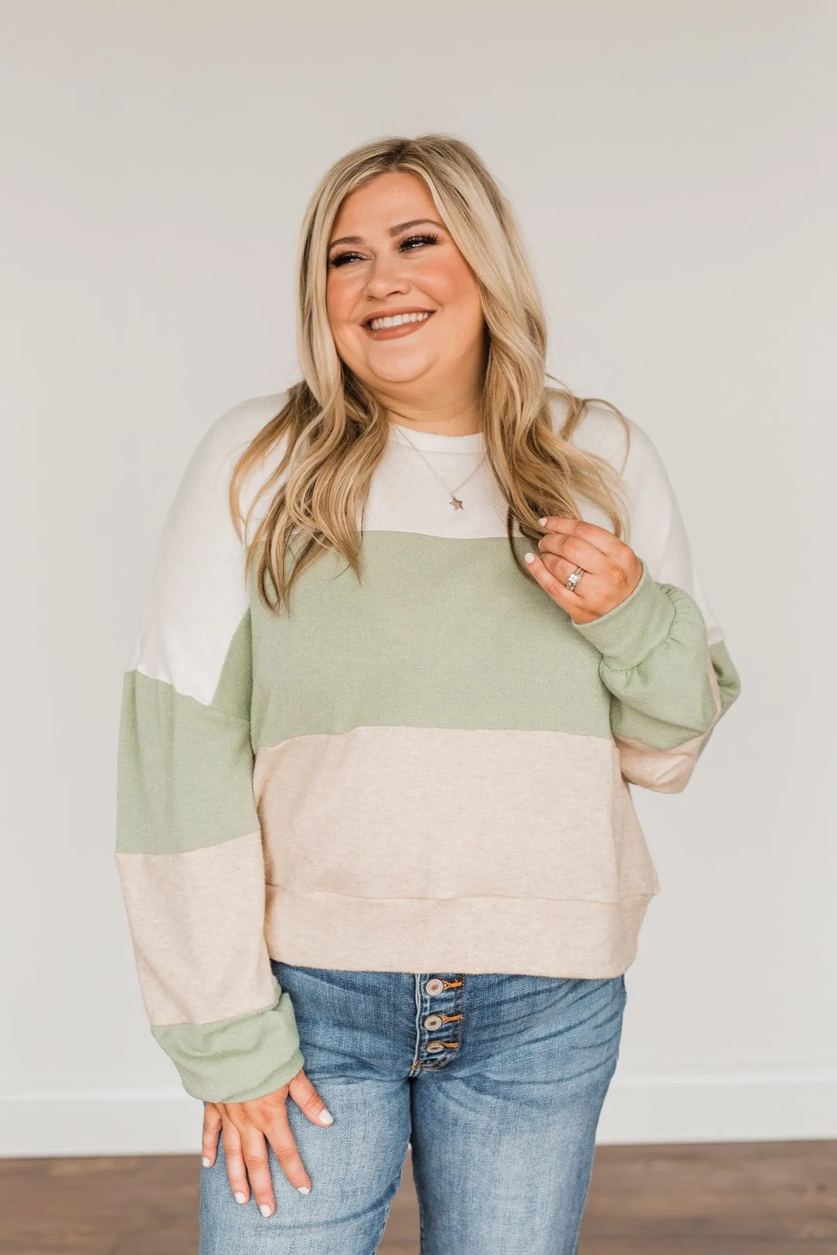 Chasing My Dreams Color Block Top- Ivory, Sage, & Light Beige