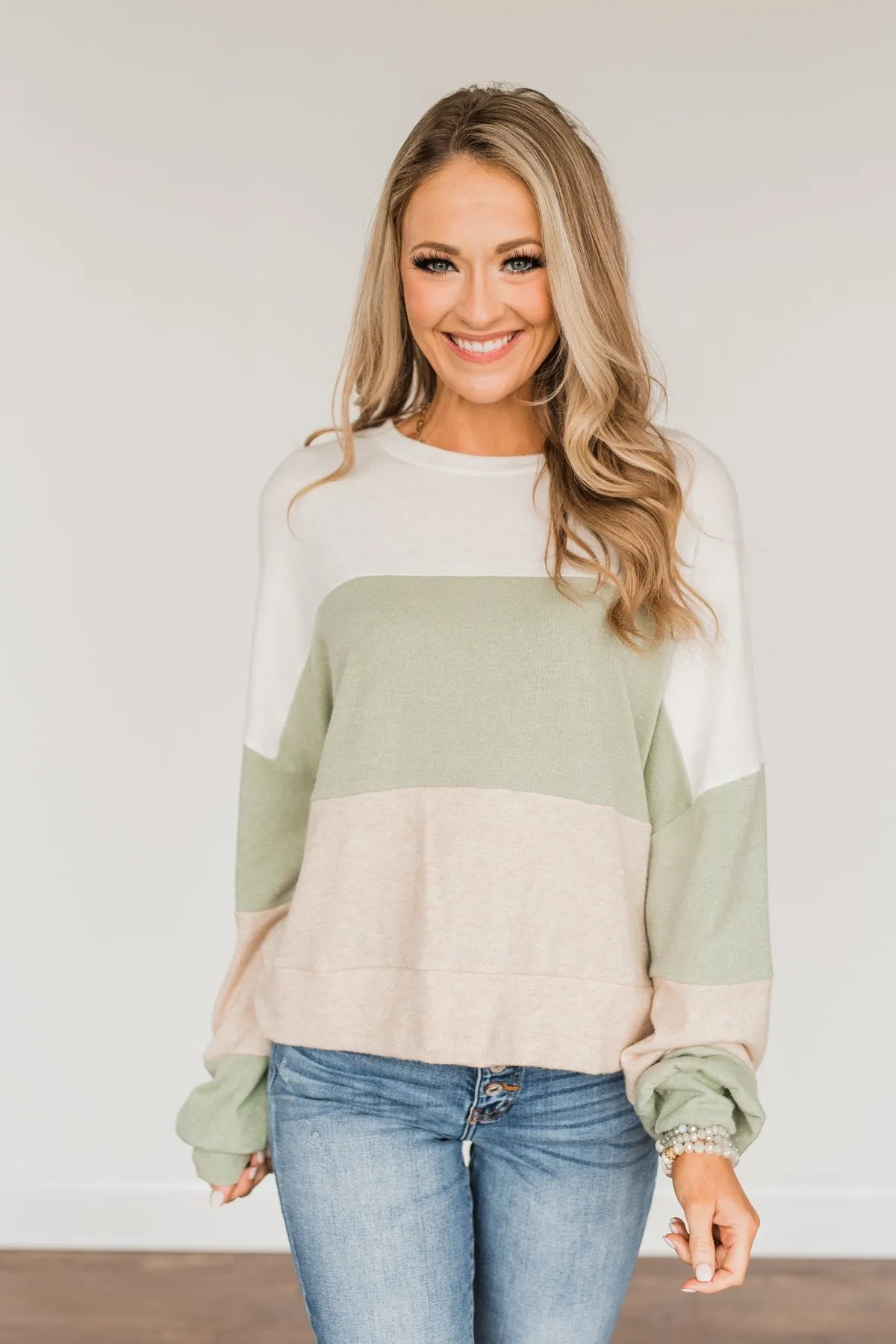 Chasing My Dreams Color Block Top- Ivory, Sage, & Light Beige