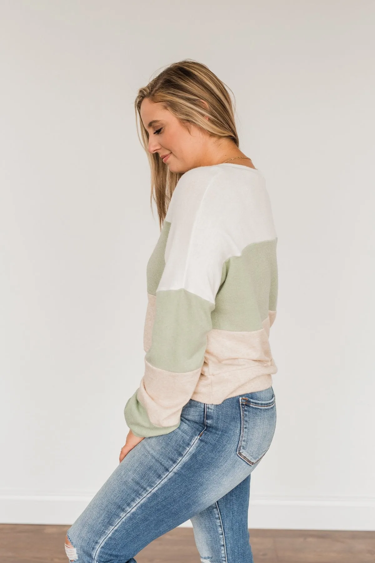 Chasing My Dreams Color Block Top- Ivory, Sage, & Light Beige