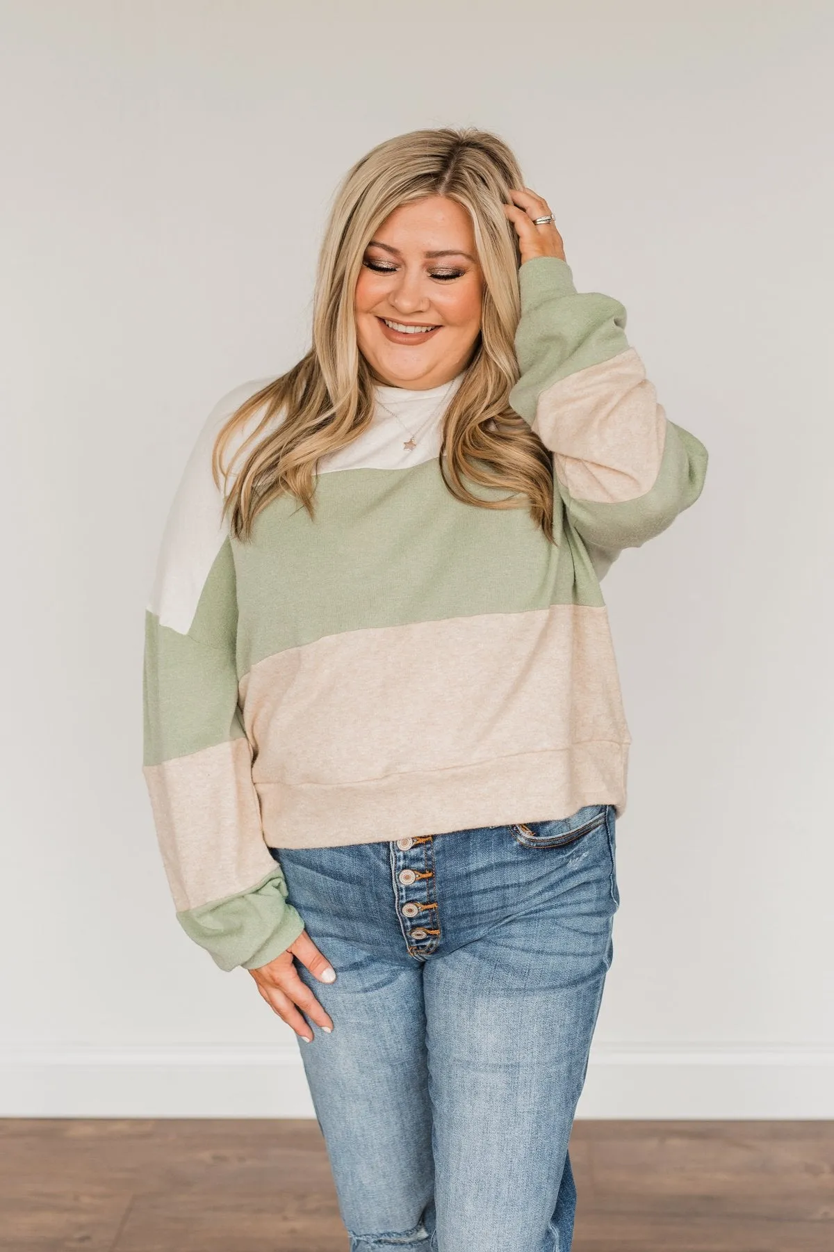 Chasing My Dreams Color Block Top- Ivory, Sage, & Light Beige