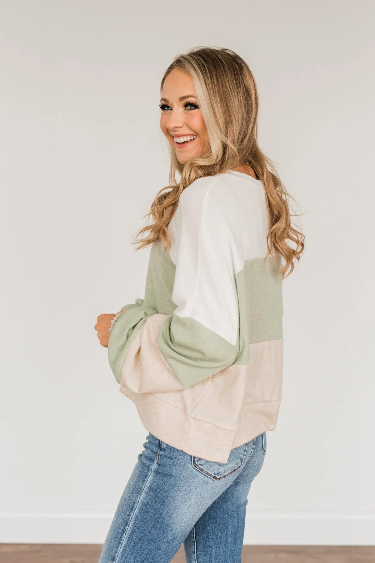 Chasing My Dreams Color Block Top- Ivory, Sage, & Light Beige