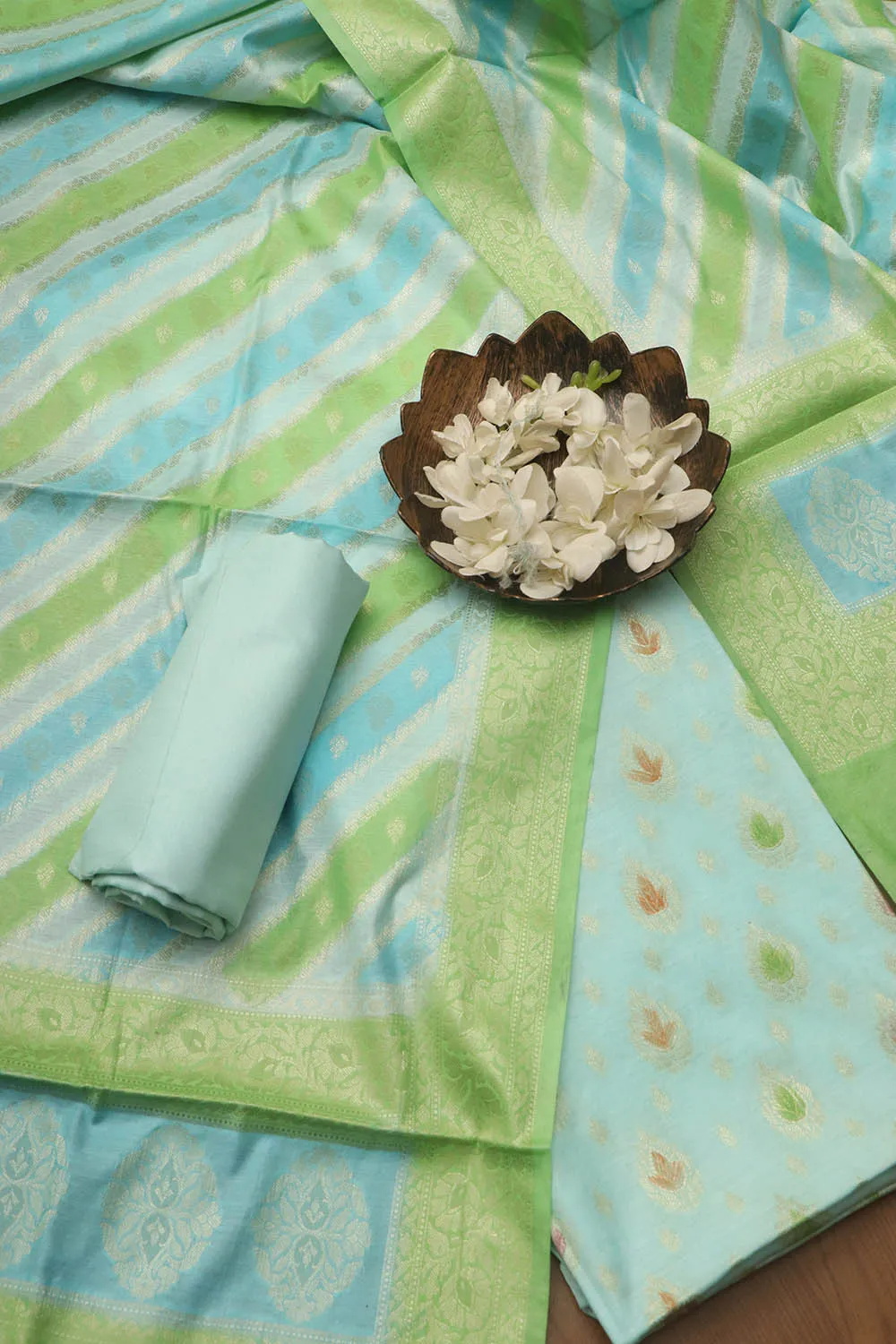 Chic Blue & Green Banarasi Chanderi Silk Brush Dye Three Piece Unstitched Suit Set