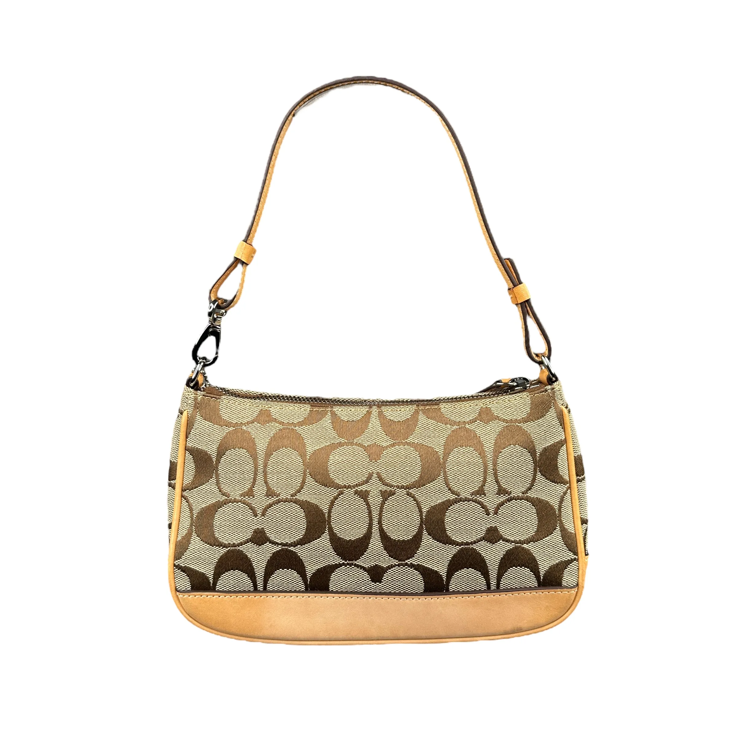 COACH SIGNATURE CANVAS MINI POCHETTE BAG - BEIGE / TAN