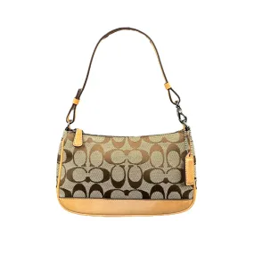 COACH SIGNATURE CANVAS MINI POCHETTE BAG - BEIGE / TAN