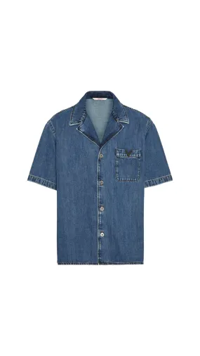 Denim Bowling Shirt With Metallic V Detail - Denim