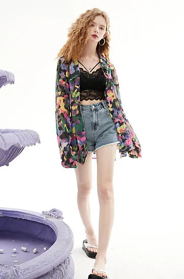 ELF SACK  |Flower Patterns Casual Style Chiffon Long Sleeves