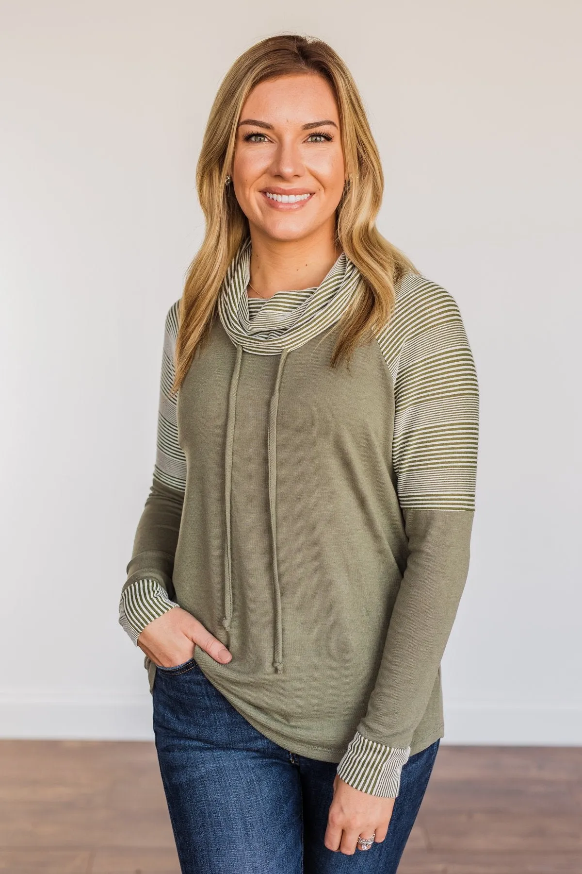 Explore With Me Cowl Neck Top- Olive