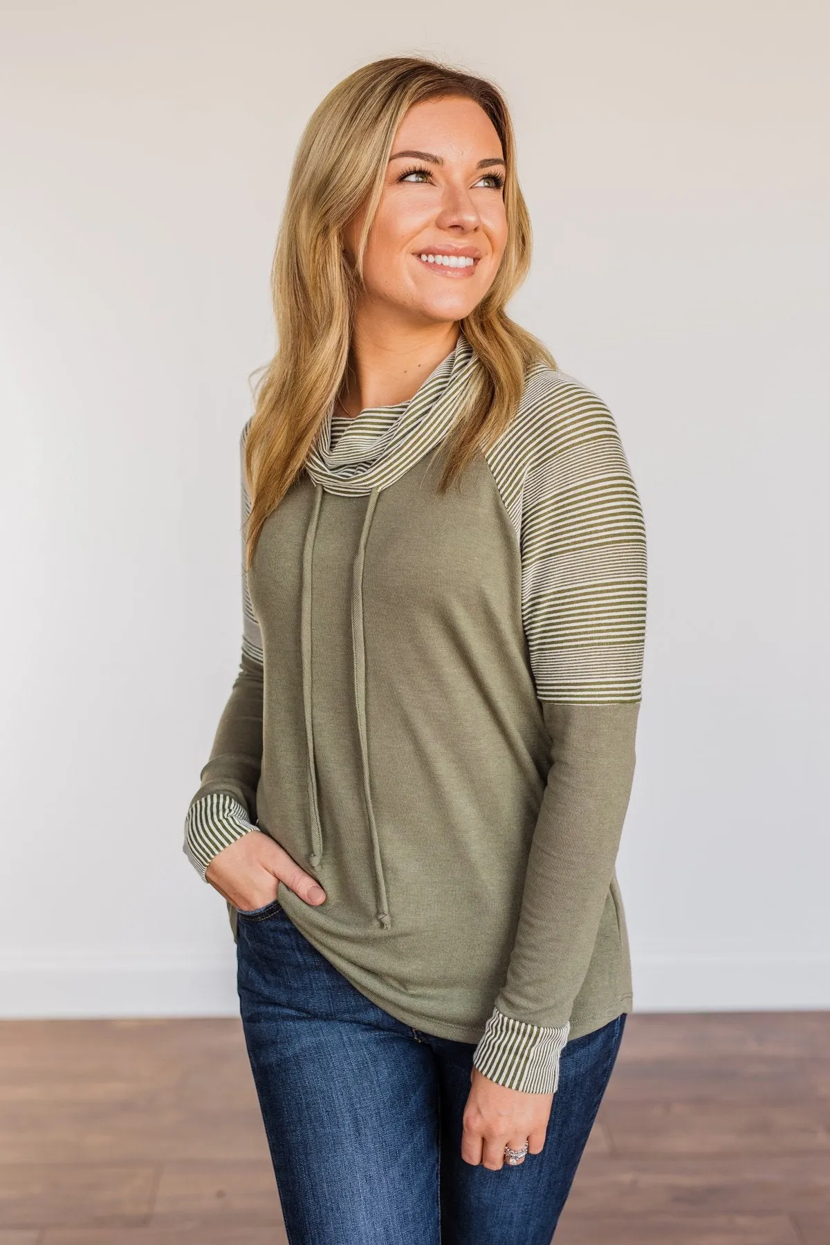 Explore With Me Cowl Neck Top- Olive