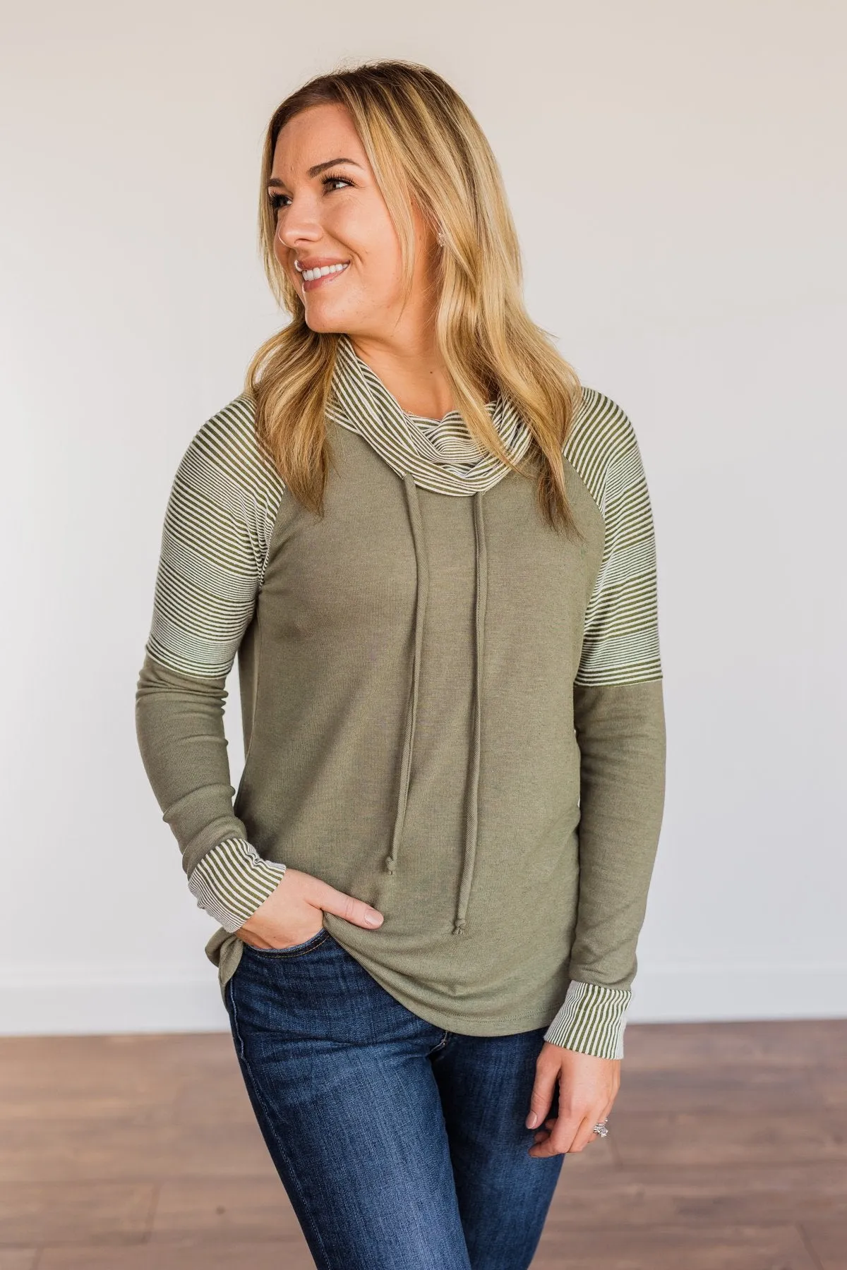 Explore With Me Cowl Neck Top- Olive