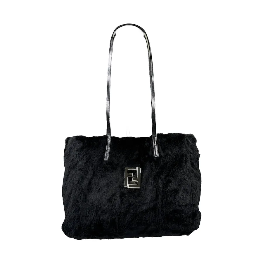 FENDI BLACK FUR LARGE TOTE BAG