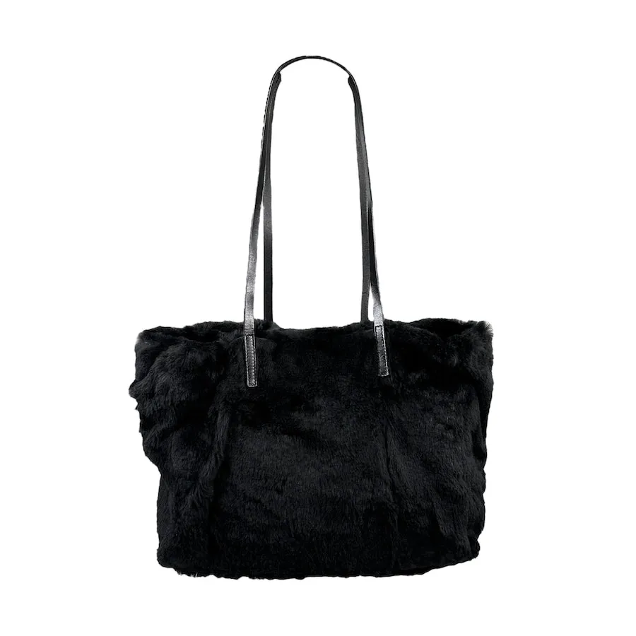 FENDI BLACK FUR LARGE TOTE BAG