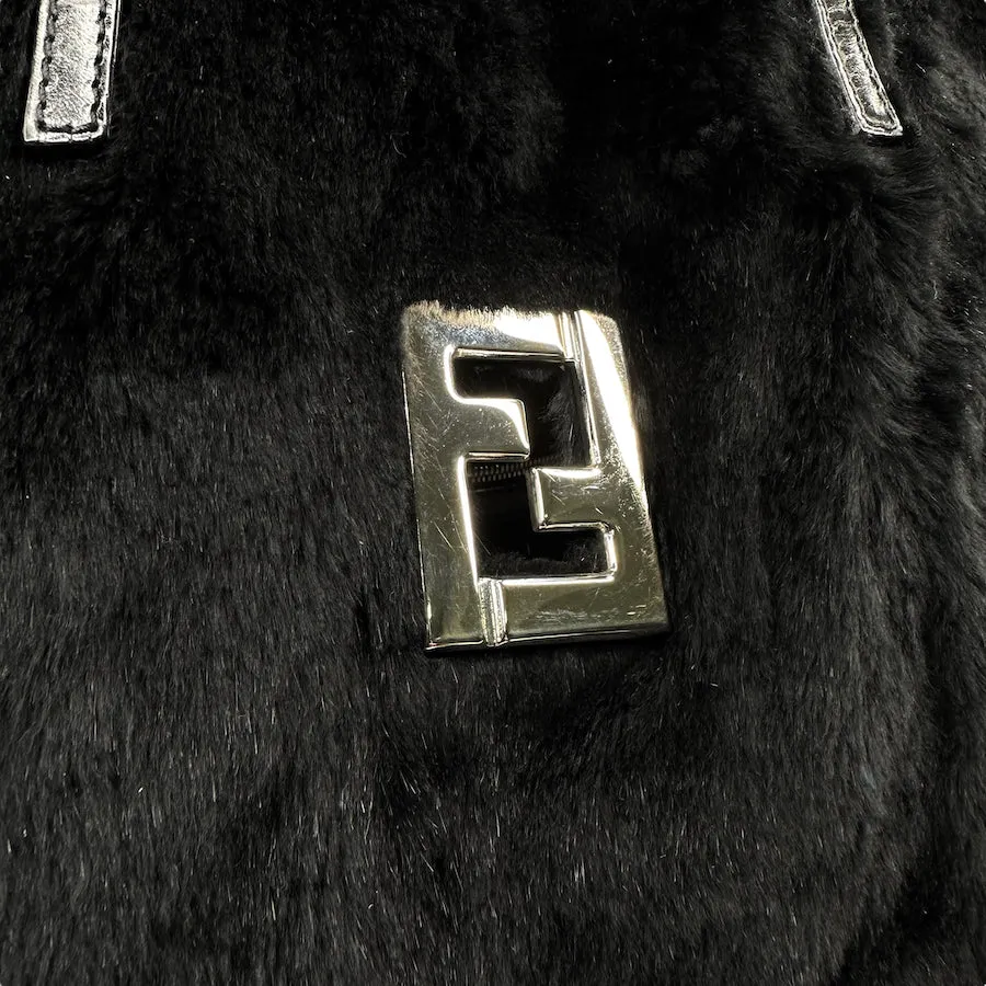 FENDI BLACK FUR LARGE TOTE BAG