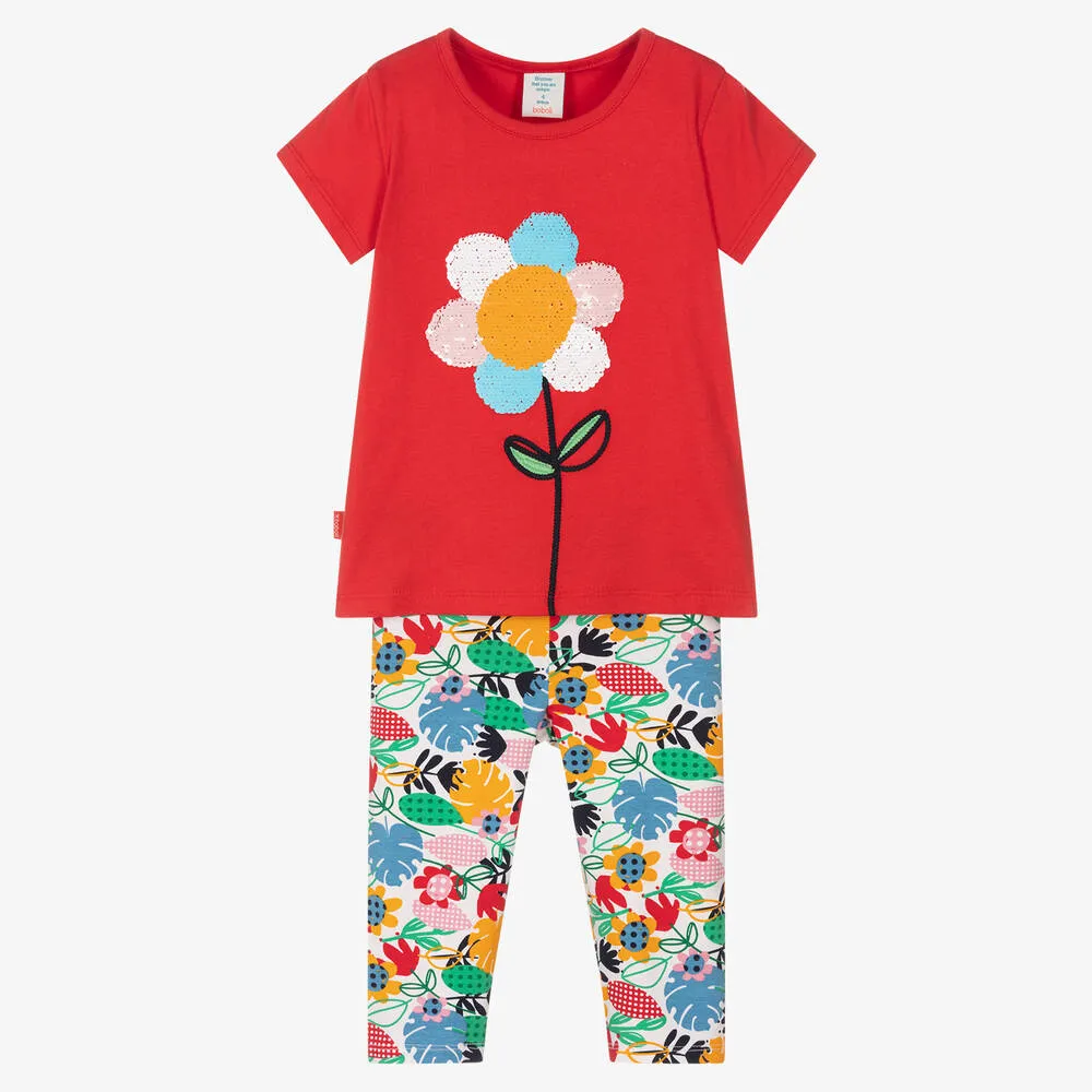 Girls Red Floral Cotton Leggings Set