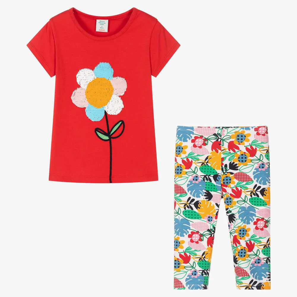 Girls Red Floral Cotton Leggings Set