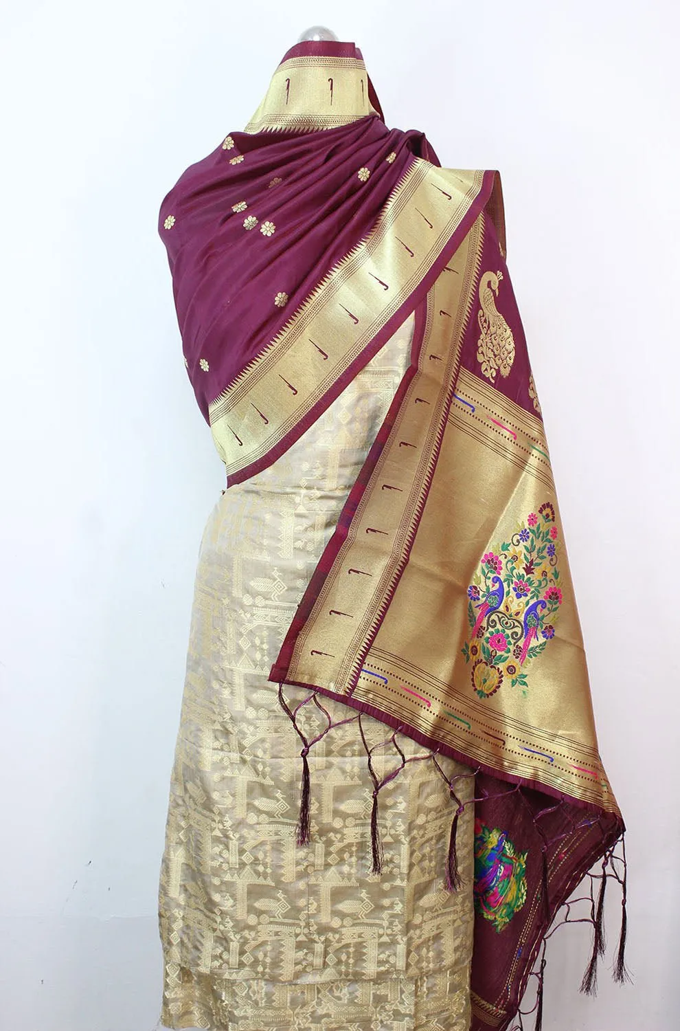 Grey Handloom Banarasi Pure Katan Silk Suit With Maroon Paithani Silk Dupatta