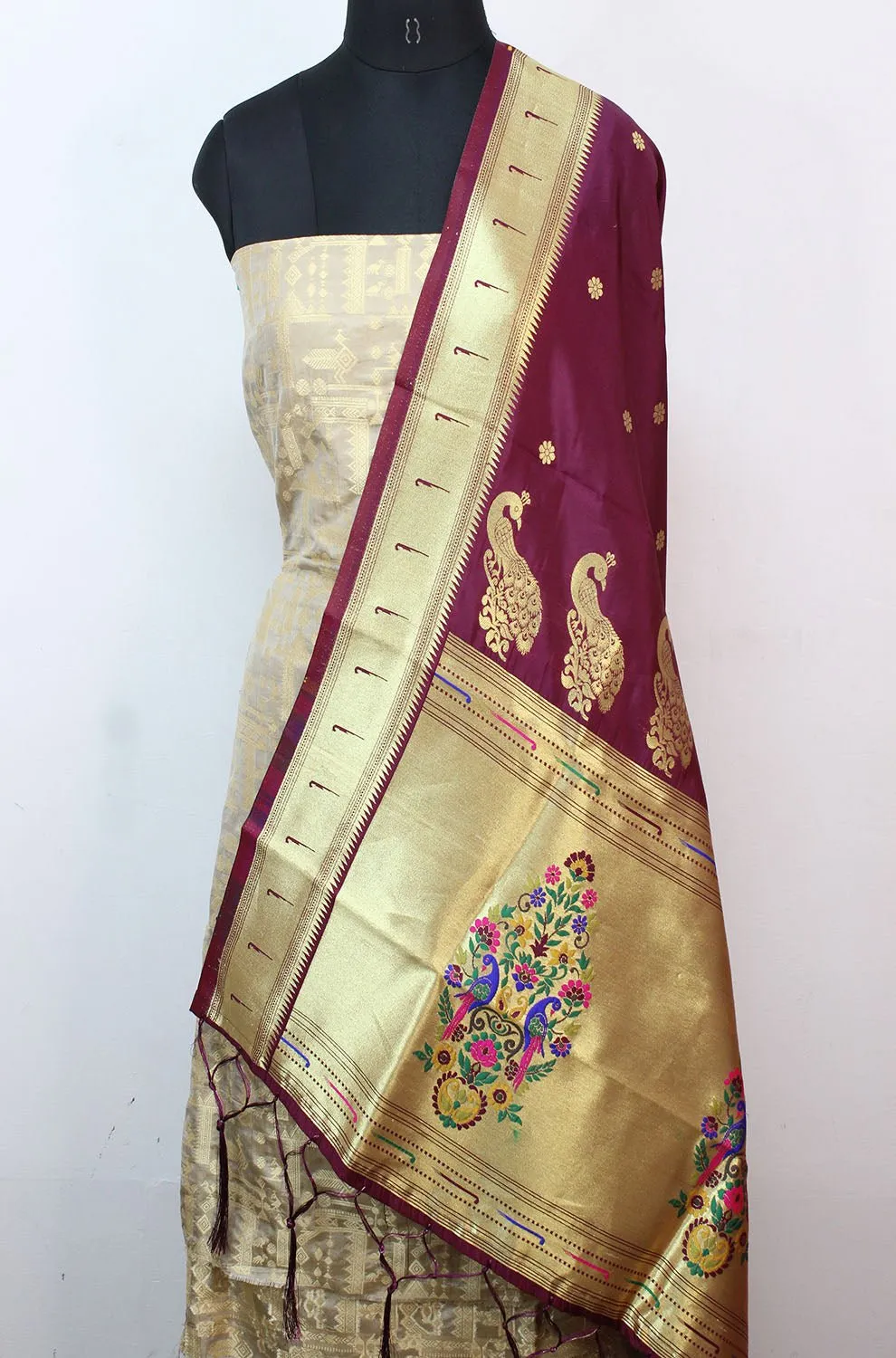 Grey Handloom Banarasi Pure Katan Silk Suit With Maroon Paithani Silk Dupatta