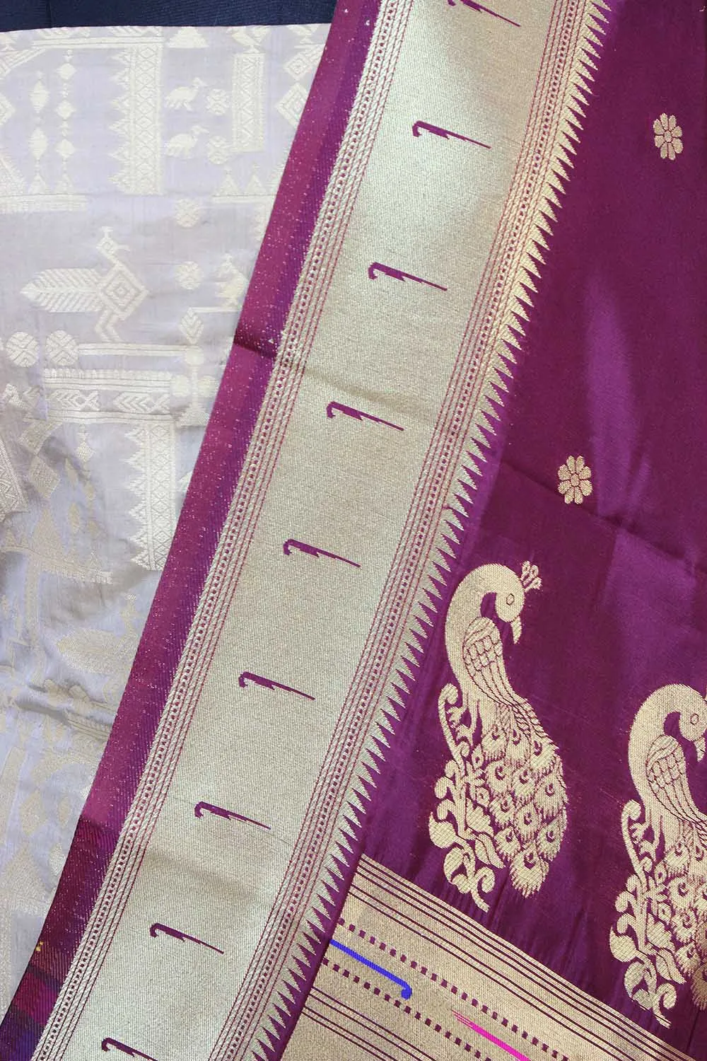 Grey Handloom Banarasi Pure Katan Silk Suit With Maroon Paithani Silk Dupatta