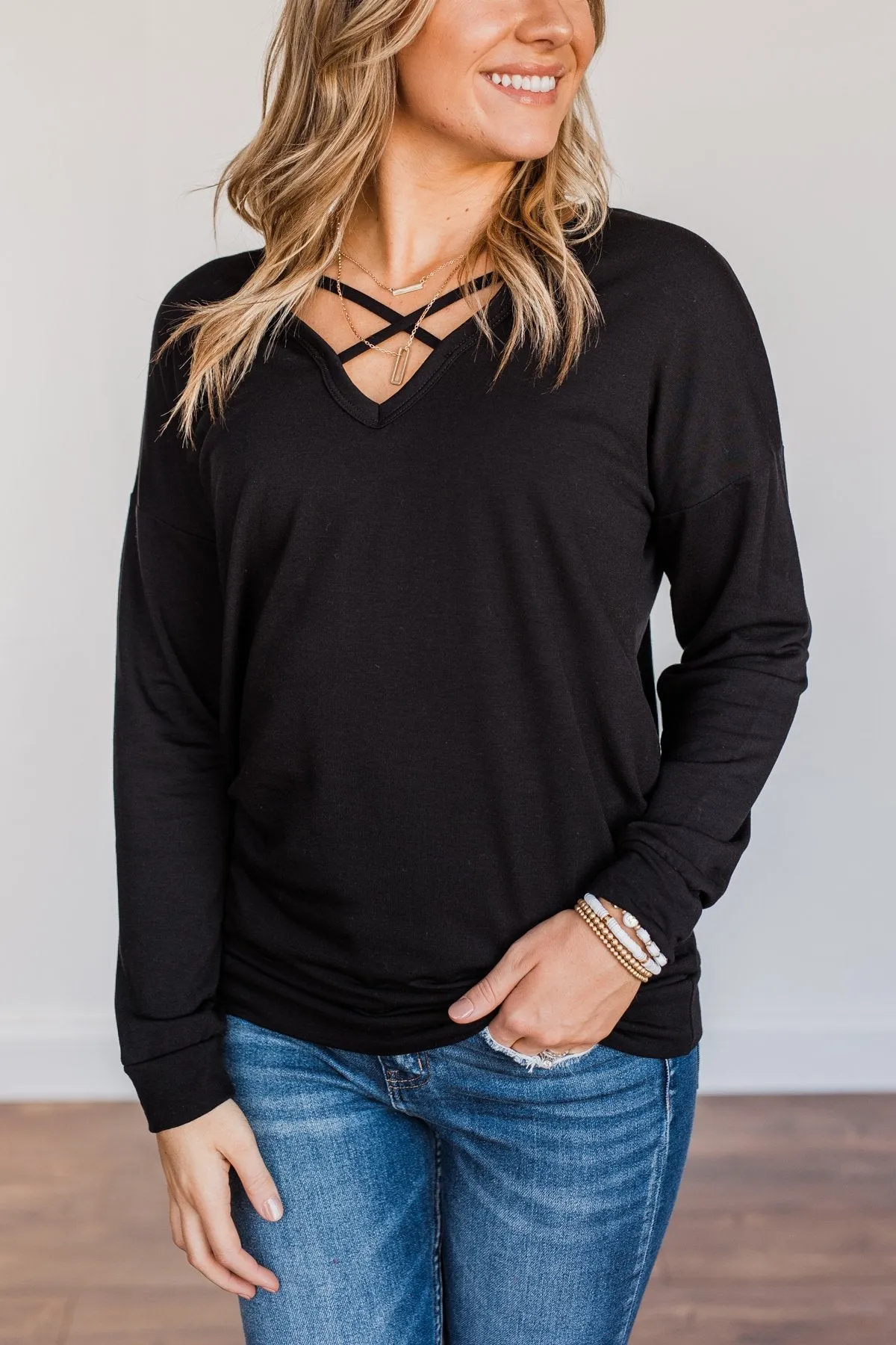 Just For Fun Criss Cross Long Sleeve Top- Black