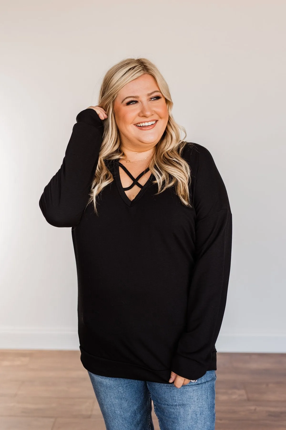 Just For Fun Criss Cross Long Sleeve Top- Black