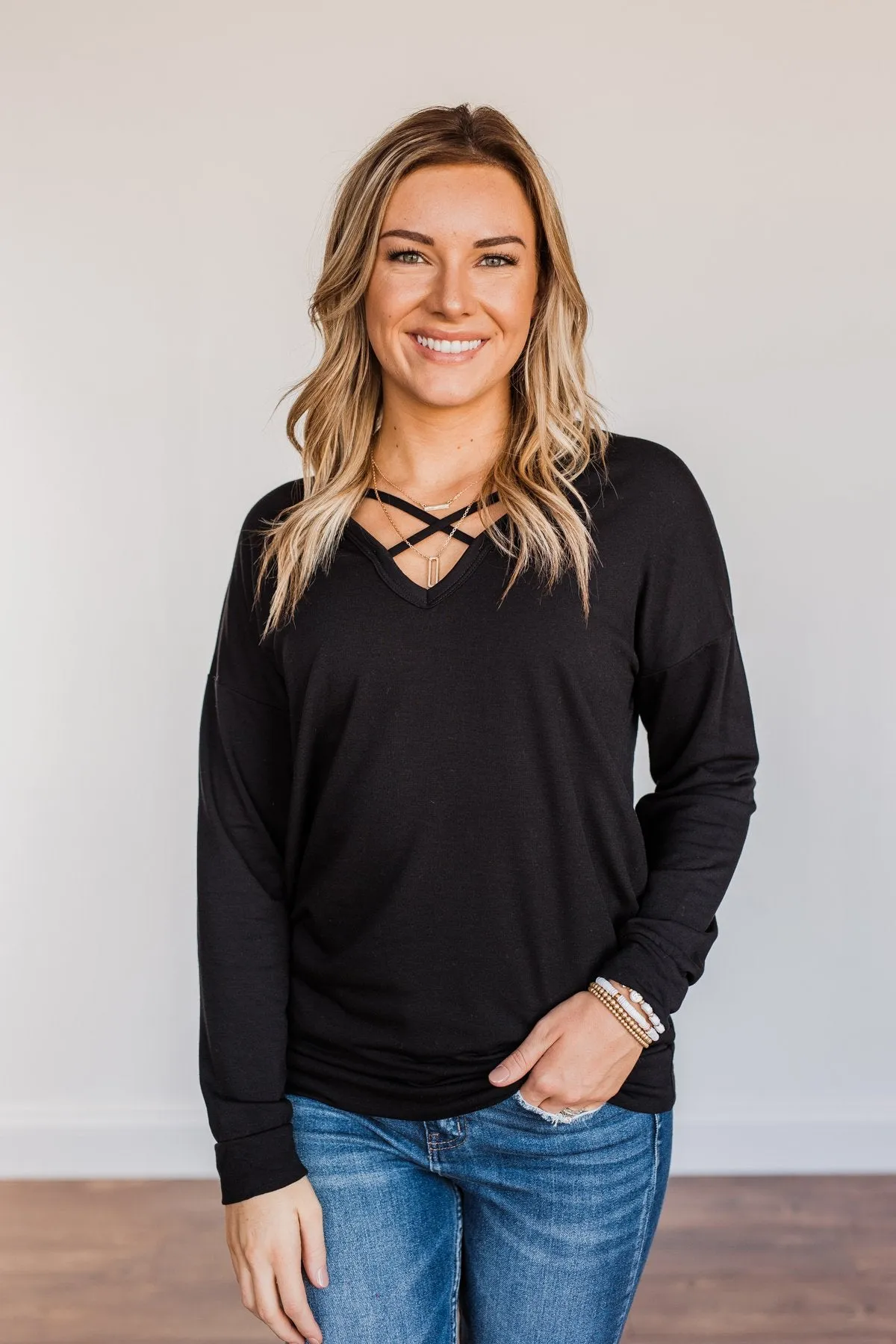 Just For Fun Criss Cross Long Sleeve Top- Black