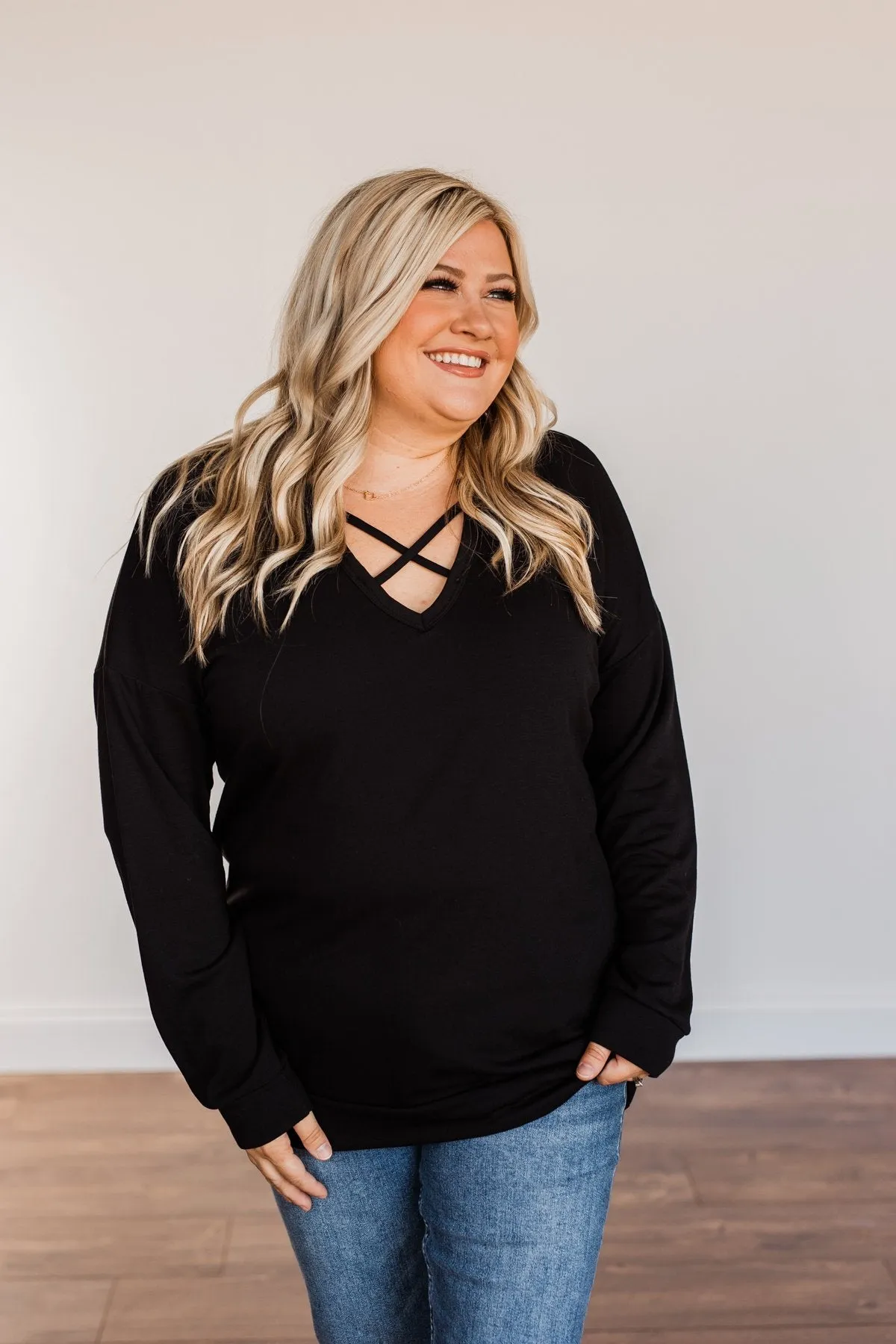 Just For Fun Criss Cross Long Sleeve Top- Black