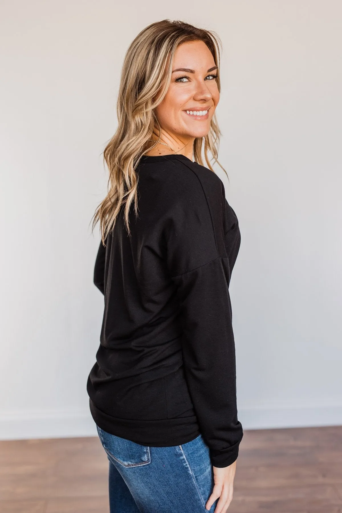 Just For Fun Criss Cross Long Sleeve Top- Black