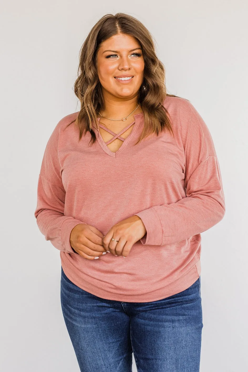 Just For Fun Criss Cross Long Sleeve Top- Mauve