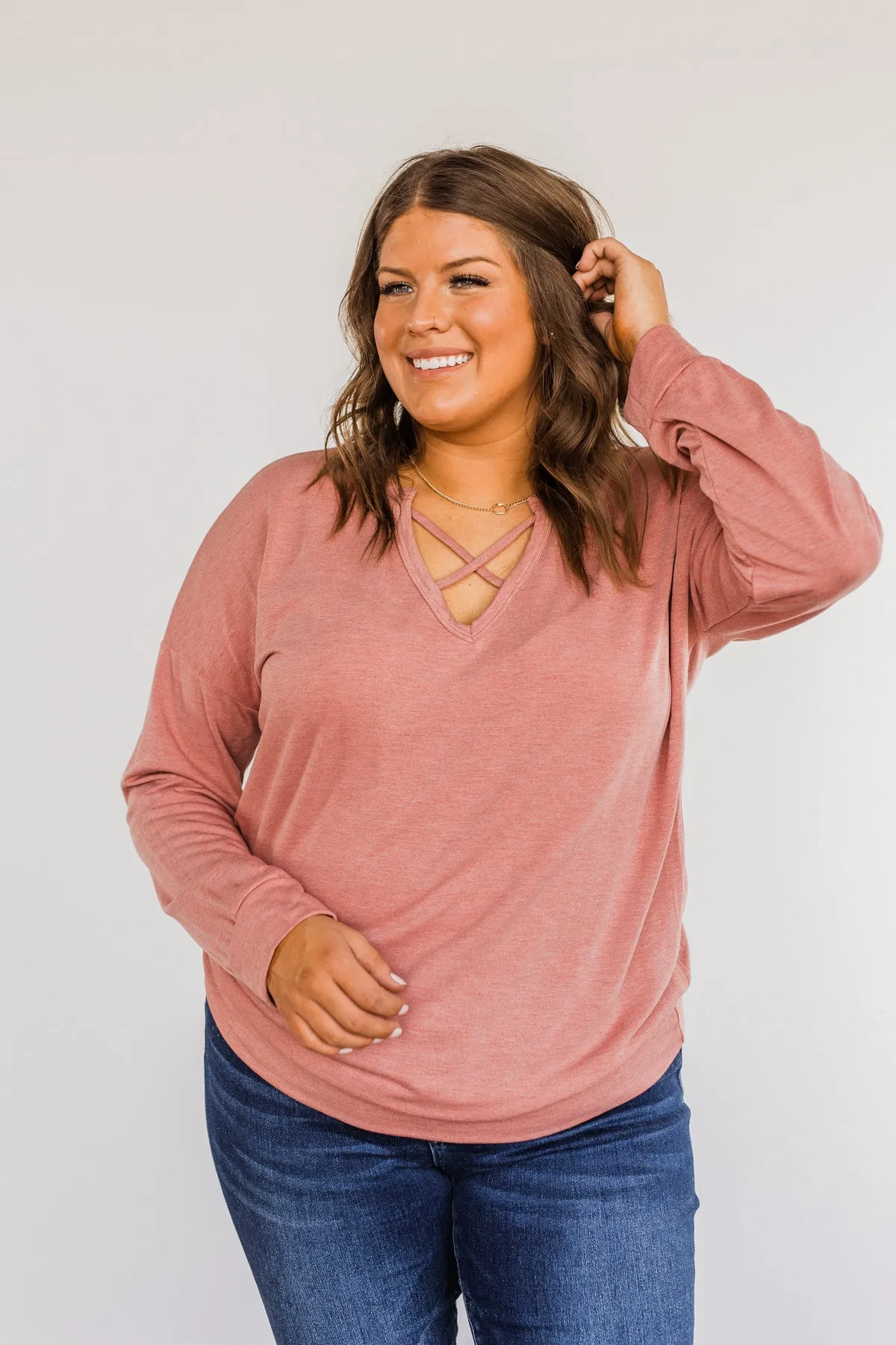 Just For Fun Criss Cross Long Sleeve Top- Mauve